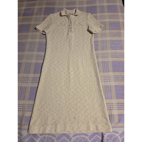 Vintage 70's Leslie Fay LF Petite Tan Short Sleeve Dress 12 Button 60s 80s - Picture 2 of 13